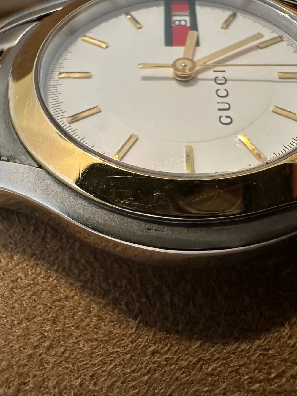 Vintage Gucci 5500M Two Tone Web Stripe Date Swiss Watch New Battery